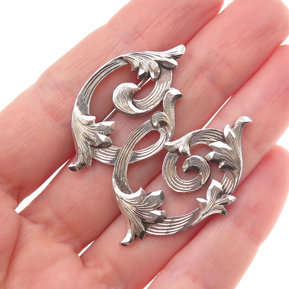 Plafina 925 Sterling Silver Vintage Mexico Letter E Floral Oxidized Pin Brooch
